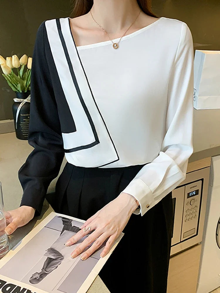 New Long Sleeve Skew Collar Women Blouse Patchwork Chiffon Blouse Shirt Women Tops Blouses Shirts Blusas Para Mujer Camisas A823 Natalia Home Fashion    Natalia Home Fashion