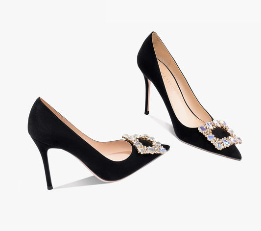 New Black Leather Rhinestone Women Pumps luxury women's shoes  Suede High Heels Shoes Fashion Office Stiletto Party Shoes