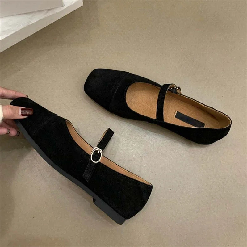 Streetwear Velvet Mary Jane Shoes for Women Casual Ballet Flats Pumps Female Ladies Loafers Buckle Single Mules