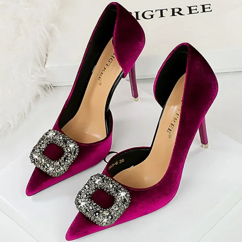Women 10.5cm Super High Heels Pointed Toe Side Hollow Work Pumps Metal Crystal Buckle Velvet Stiletto Fashion Banquet Lady Shoes