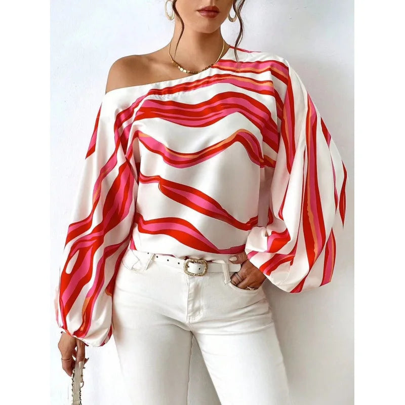 Elegant Printed Sleeve Shirt Independent Station Cross-Border Women's Long Sleeve One-Shoulder Loose Top Commute Style