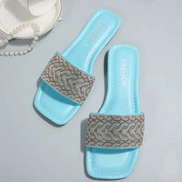 Women's Sandals Flat Bottom Slip-On Shoes Crystal Shiny Sequin Style Square Head Open-Toe Flat Heels