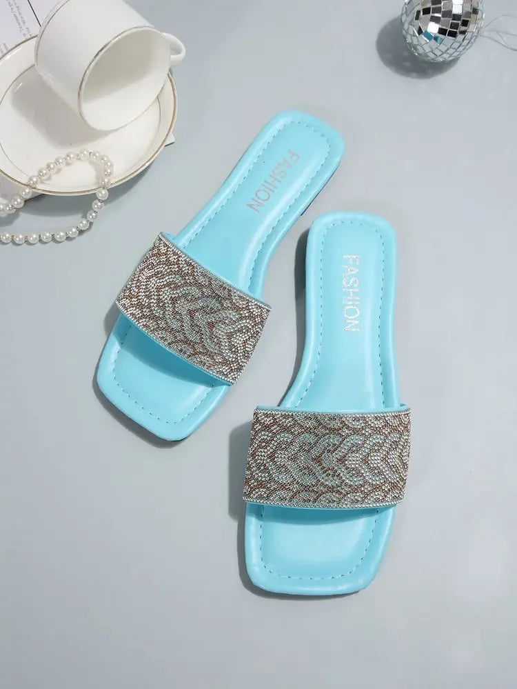 Women's Sandals Flat Bottom Slip-On Shoes Crystal Shiny Sequin Style Square Head Open-Toe Flat Heels