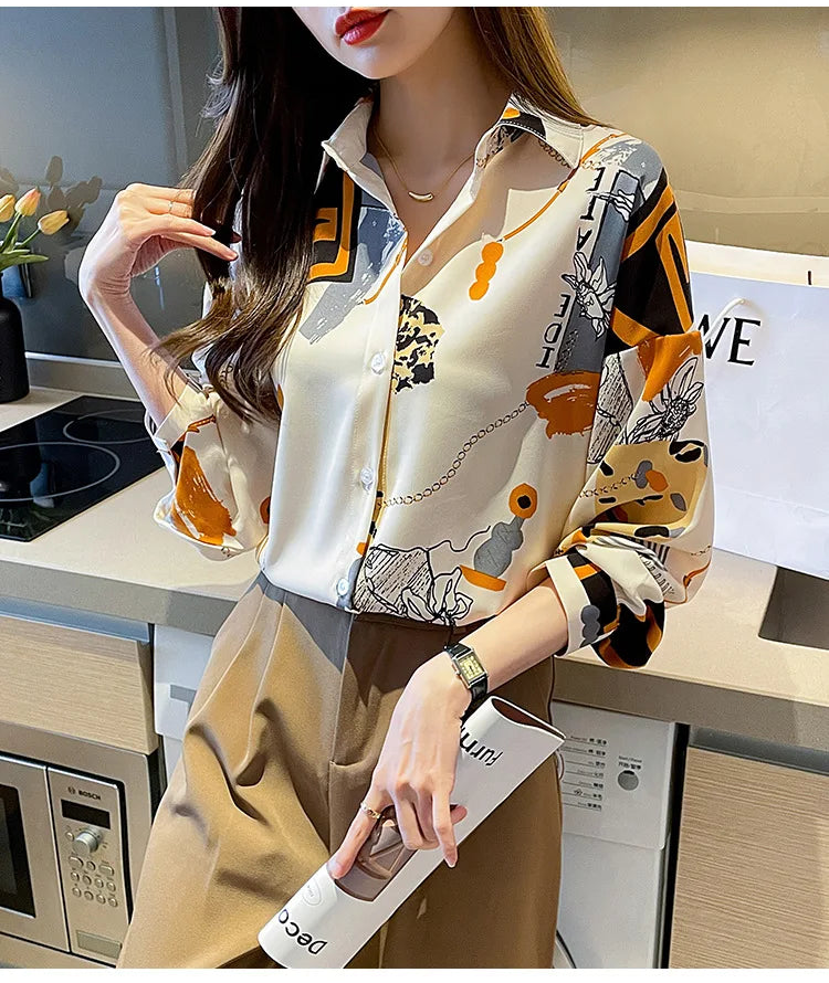 Spring Chiffon Shirt Women's Long-sleeved Printed Color Niche Chiffon