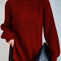 Turtlenecks Women Pullovers Mid-Long Casual Knit Sweater Fad Raglan Sleeves Side Slit Sweater New Skirt-style Jumper