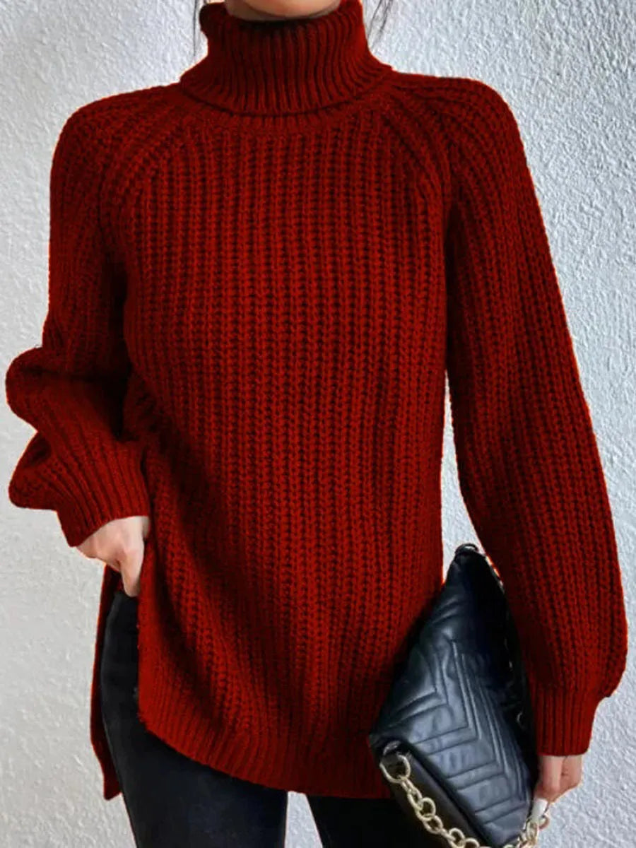 Turtlenecks Women Pullovers Mid-Long Casual Knit Sweater Fad Raglan Sleeves Side Slit Sweater New Skirt-style Jumper
