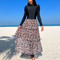 3pcs Muslim Burkini Modest swimsuit Black Long Sleeved Ladies Swimwear with Long Leopard Printed Dress beach swimsuit