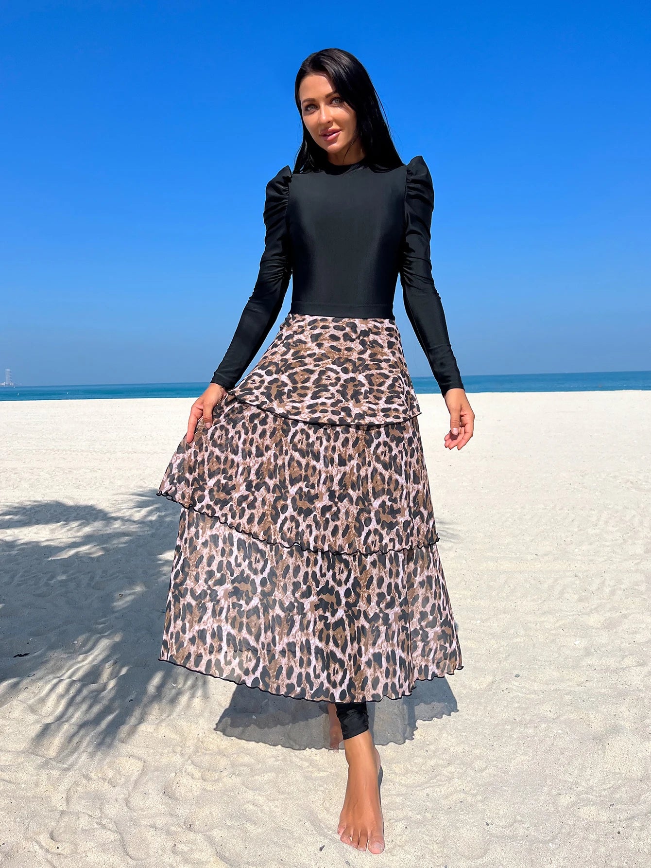 3pcs Muslim Burkini Modest swimsuit Black Long Sleeved Ladies Swimwear with Long Leopard Printed Dress beach swimsuit