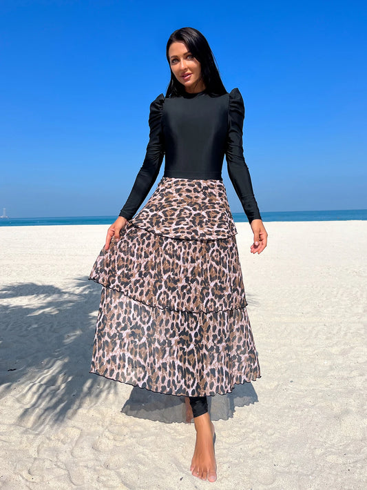 3pcs Muslim Burkini Modest swimsuit Black Long Sleeved Ladies Swimwear with Long Leopard Printed Dress beach swimsuit