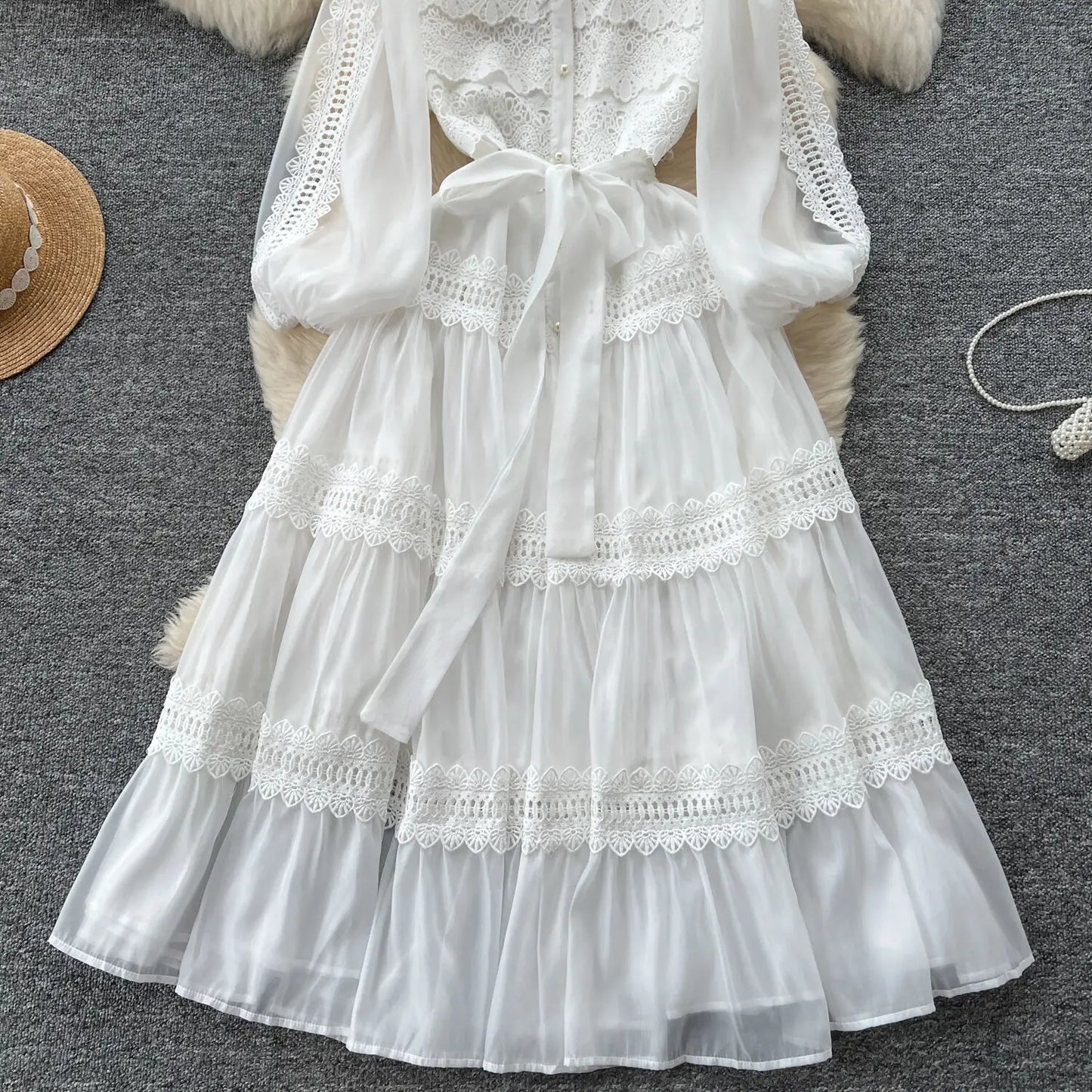 Elegant Hollow Out Organza Long Maxi Dresses Shirt Women  Layer Ruffle Full Sleeve Pearl Evening Party Dress