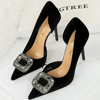 Women 10.5cm Super High Heels Pointed Toe Side Hollow Work Pumps Metal Crystal Buckle Velvet Stiletto Fashion Banquet Lady Shoes