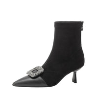 Fashionable Slim Fit Diamond Decorated Pointed Toe High Heel Bootie Mid-Calf Zipper Closure Leather Boot for Women