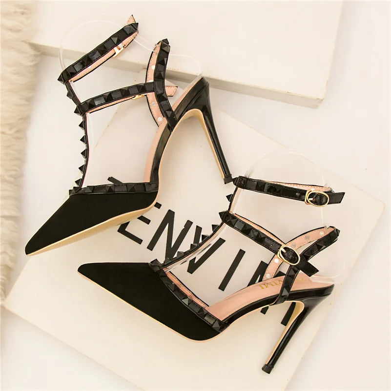 Summer Women 10cm Super High Heels Sandals Rivets Studded Stripper Valentine Strap Heels  Wedding Luxury Shoes