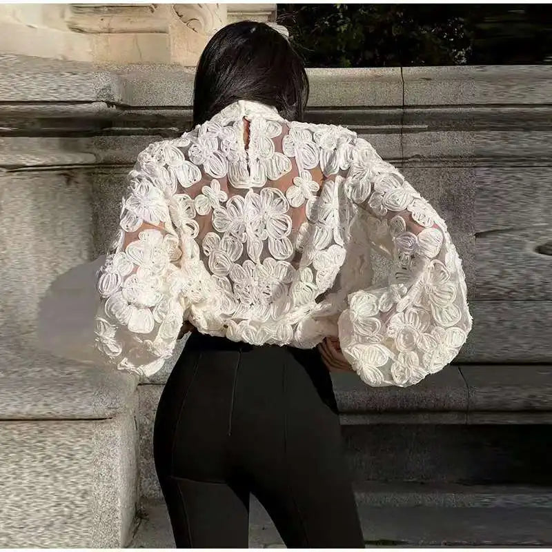 Luxury Fashion Jacquard See-through Shirts Women 3D Flower Long Sleeve Blouse Patchwork Tops Loose Design Lady Outerwear