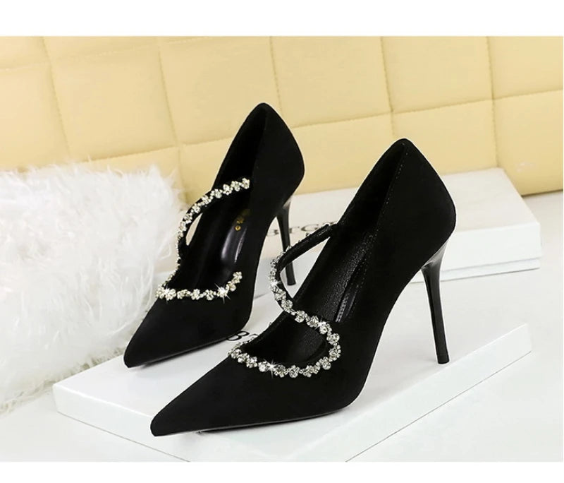 Banquet Pointed Toe High Heels Diamond Chain One-Strip Thin Heel Super High Heels Light Mouth Elegant Lace-Up