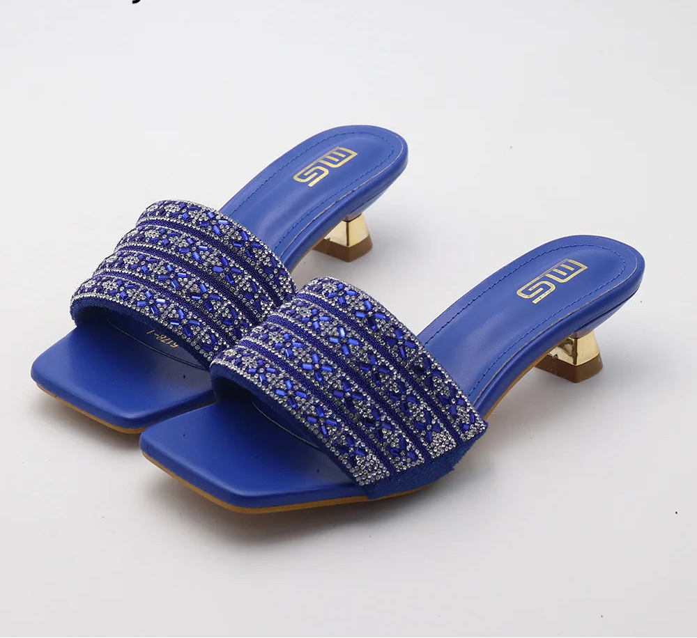 Low Heel Slippers Elegant Lady Square Toe Sandals Luxury Rhinestone High Heels Mules  Slip-on Women Shoes - Natalia Home Fashion