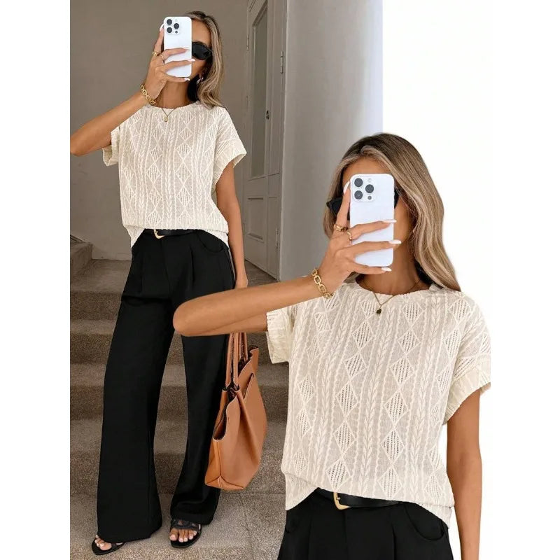 Women's Casual Round Neck Jacquard Short Sleeve Top T-shirt Leisure Commute Women Clothing