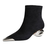 Street Style Fur Metal Hollow Heel Modern Faux Suede Short Boots for Women Metal Pointed Toe Low Heel Boots Female