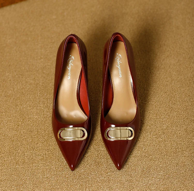 French Style Single Shoes Spring Women Pumps New Pointed Toe Shallow Mouth Metallic Buckle Commuting Shoes Stiletto Single Shoes