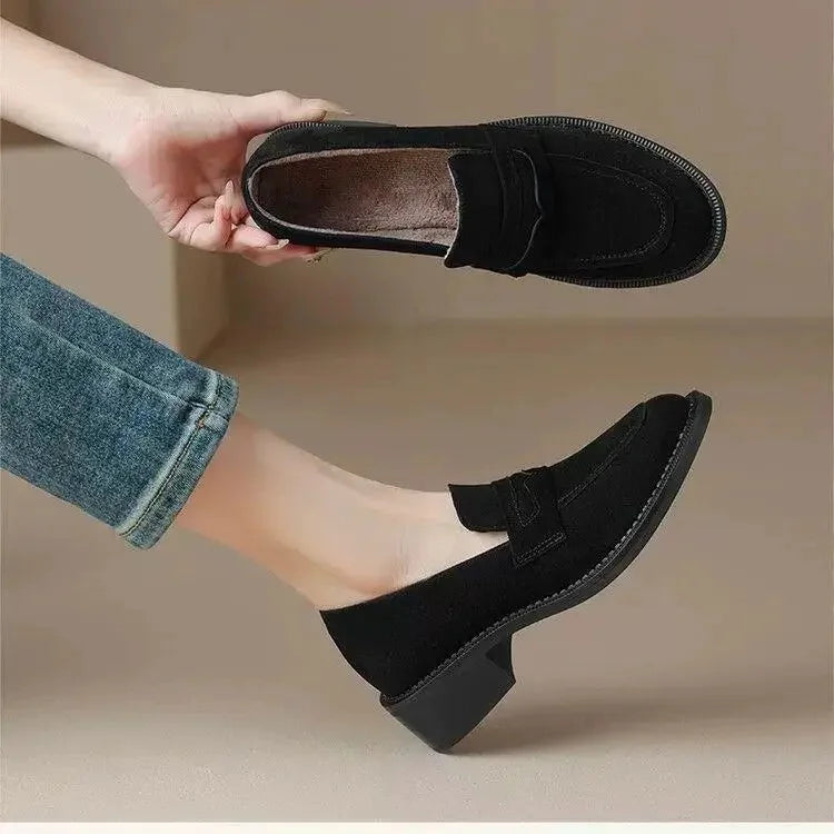 British Style Fleece Lined Chunky Heel Loafers Women's Shoes Retro French Vintage Leather Casual Shoes Rubber Sole Adult Footwear