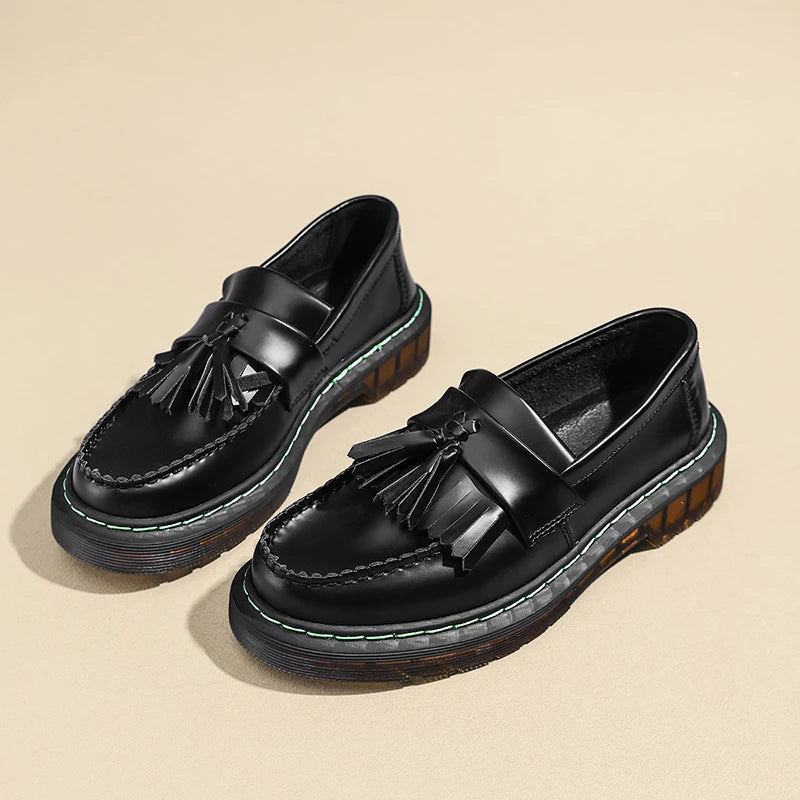 British Style Loafers Casual Round Toe Tassel Women's Leather Low Top Shoes Fashionable Slip-On Shoes