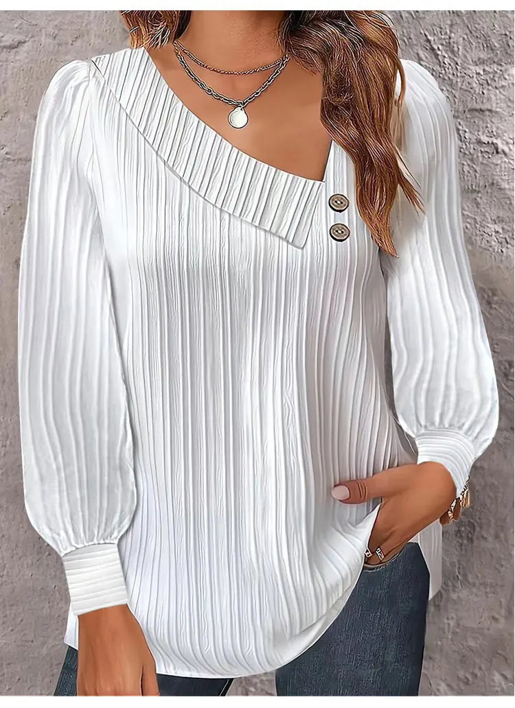 Simple Button V-neck Pullover Women's Solid Long Sleeve Casual T-shirts Elegant Lady Blouses