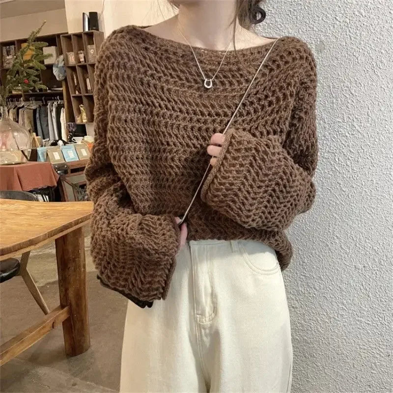 Hollow out Knitwear Women's Design Lazy Style Outerwear French Vintage Casual Loose Fit Sleeve Top - Natalia Home Fashion