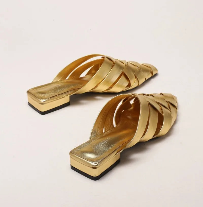 Hollow Woven Pointed Cool Slippers Women's Summer Thick Heel Outer Wear Bag Head Half Slippers Women Sandals
