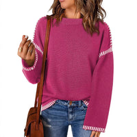 Women's Loose Long Sleeve Crew Neck Knitted Sweater Thickened Polyester Fiber Pure Color Tassel Knitwear