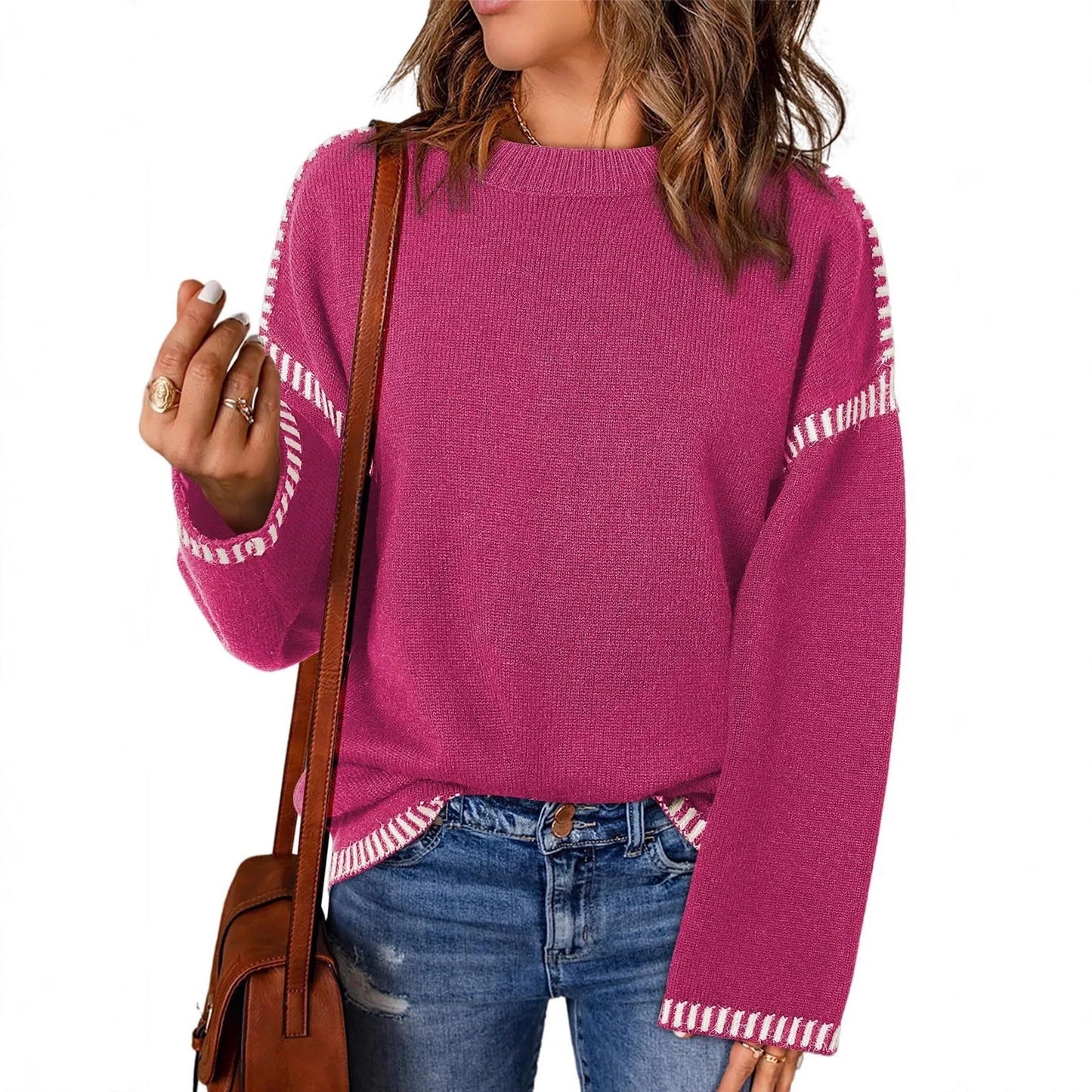 Women's Loose Long Sleeve Crew Neck Knitted Sweater Thickened Polyester Fiber Pure Color Tassel Knitwear
