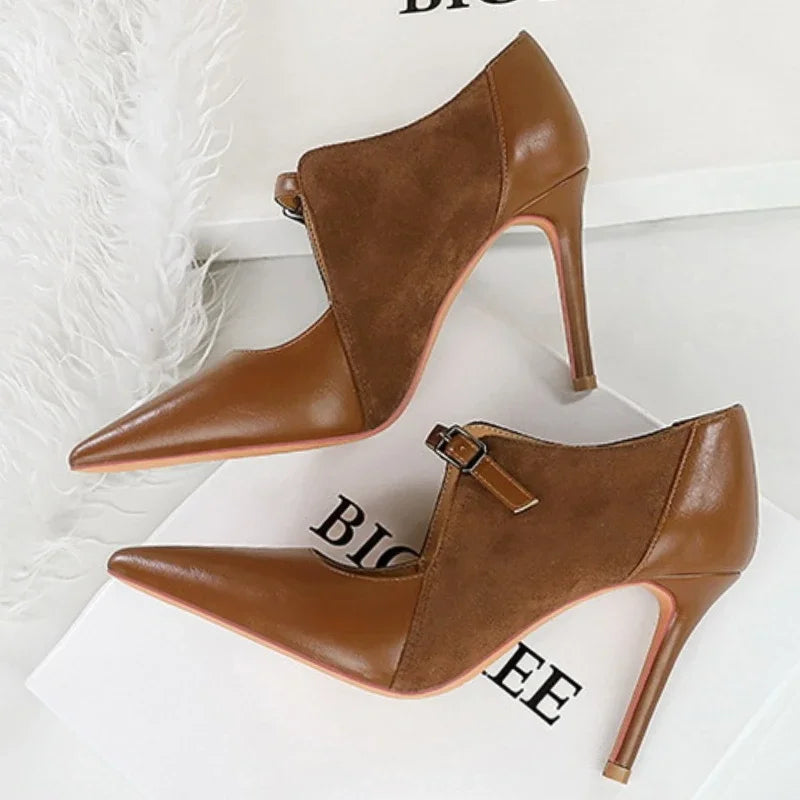 Women Pumps Suede and PU Leather Design Retro High Heels Ladies Shoes Stilettos Women Heels
