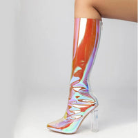 Women Knee High Boots, Transparent PVC Long, Sexy Pole Dance Shoes, Pointed Toe, Colorful