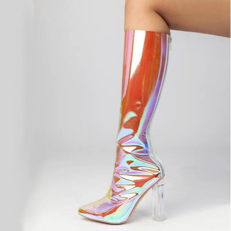 Women Knee High Boots, Transparent PVC Long, Sexy Pole Dance Shoes, Pointed Toe, Colorful