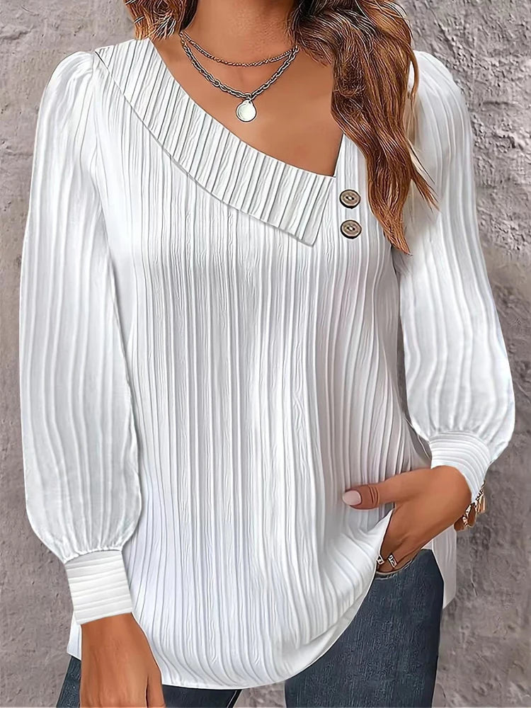 Simple Button V-neck Pullover Women's Solid Long Sleeve Casual T-shirts Elegant Lady Blouses