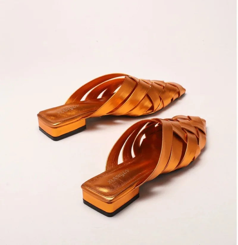 Hollow Woven Pointed Cool Slippers Women's Summer Thick Heel Outer Wear Bag Head Half Slippers Women Sandals