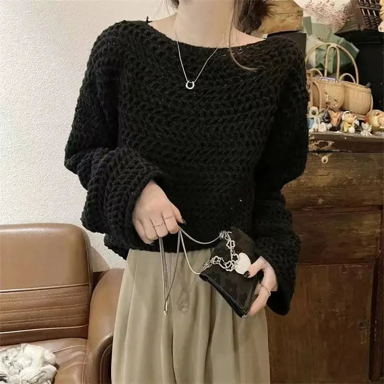 Hollow out Knitwear Women's Design Lazy Style Outerwear French Vintage Casual Loose Fit Sleeve Top - Natalia Home Fashion