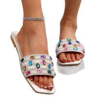 Colorful Diamond Flat Sandals Women's Summer Fashion Square Head Slip-On Shoes Breathable Lightweight PU Leather