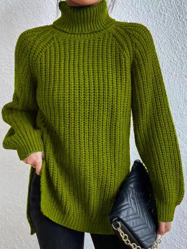 Turtlenecks Women Pullovers Mid-Long Casual Knit Sweater Fad Raglan Sleeves Side Slit Sweater New Skirt-style Jumper