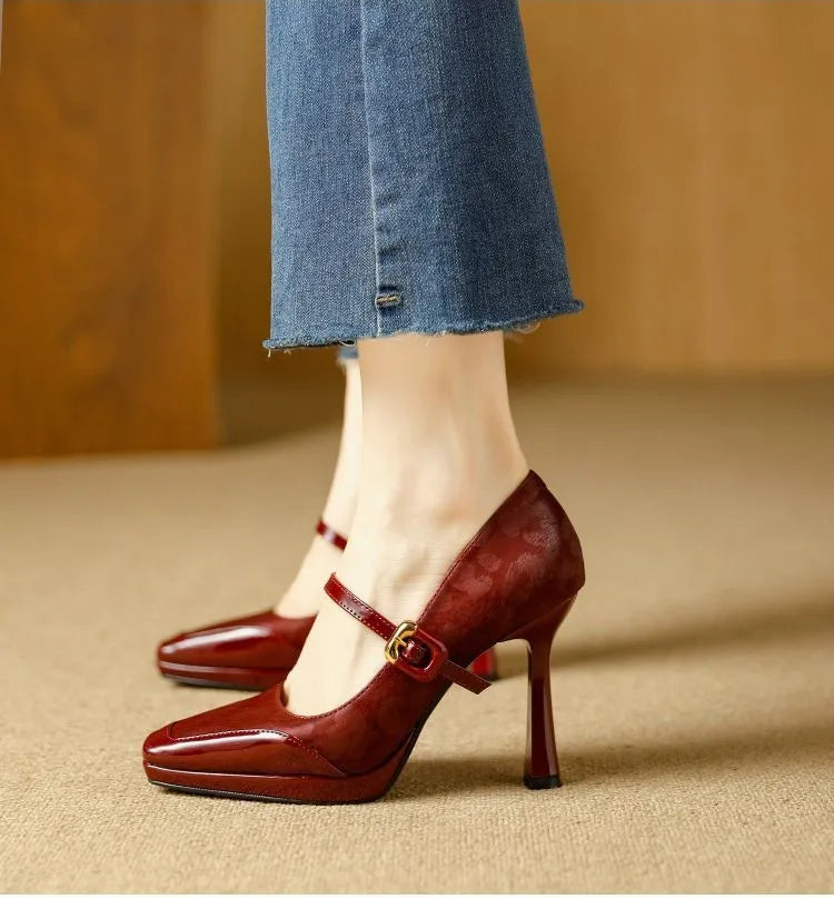 Comfortable Platform High Heels French Style Square Head Thin Strap Mule Women's Shoes