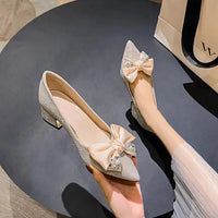 French Style Single Shoes Women's Thick Heel Butterfly Knot Pointed Toe High Heels New Bride Shoes Elegant Personality