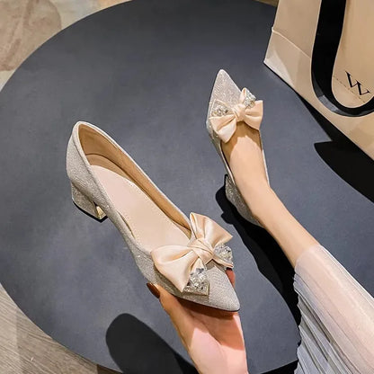 French Style Single Shoes Women's Thick Heel Butterfly Knot Pointed Toe High Heels New Bride Shoes Elegant Personality