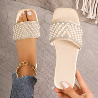 Small Fragrant style flat bottomed plus size slippers for women square headed rhinestone pearl fashionable casual slippers