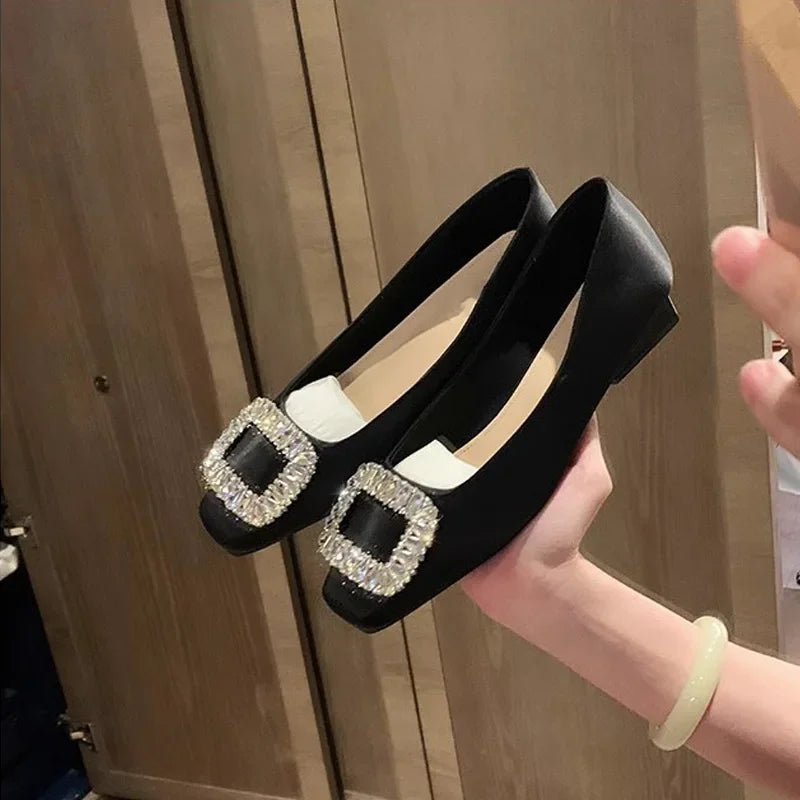 Women Flat Water Diamond Square Head Shallow Mouth Silver Single Shoes Fairy Soft Leather Temperament Commuting Woman Shoe