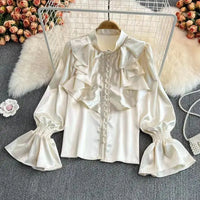 Luxury Ruffle Flared Sleeves Blouse Shirts Women  Retro Blouse Stand Collar French Design Chic Loose Top