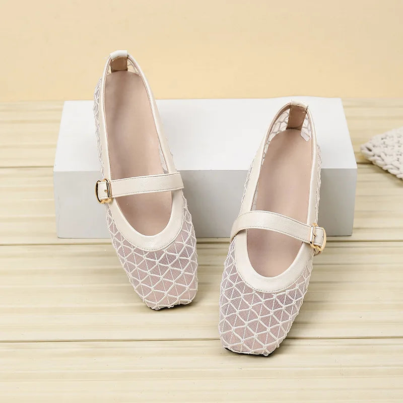 Fishnet Ballet Flats Square Toe Breathable Hollow Mesh Sandals Casual and Comfortable Mary Jane Shoes
