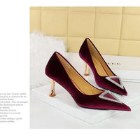 Designer Women Heels Prom Pumps Lady Velvet Pointed Toe 7cm Thin High Heels Pearl Crystal Buckle Shoes
