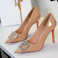 Banquet Pointed High Heels, Shallow Metal Rhinestone Thin Heel Patent Leather High Heels