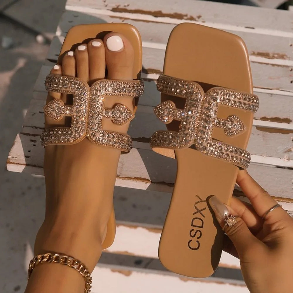 Women Luxury Bling Rhinestone Decor Slide Sandals Summer Fashion Casual Outdoor Office Party Elegant Sexy Flats - Natalia Home Fashion