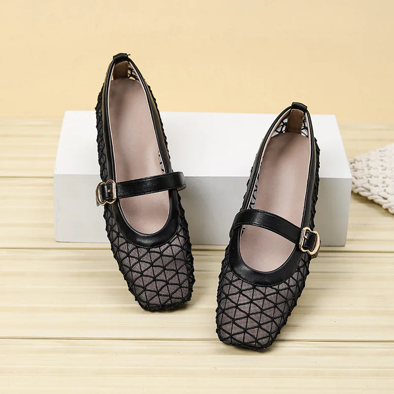 Fishnet Ballet Flats Square Toe Breathable Hollow Mesh Sandals Casual and Comfortable Mary Jane Shoes