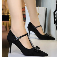 Banquet Bow Rivet T-button Pointed Head High Heel Women's Single Shoes